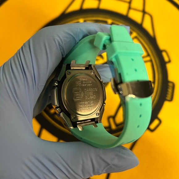Casio G-Shock GA-2100 “CasiOak” – Silver Custom Bezel, Turquoise Strap, Analog-D - Picture 8 of 11
